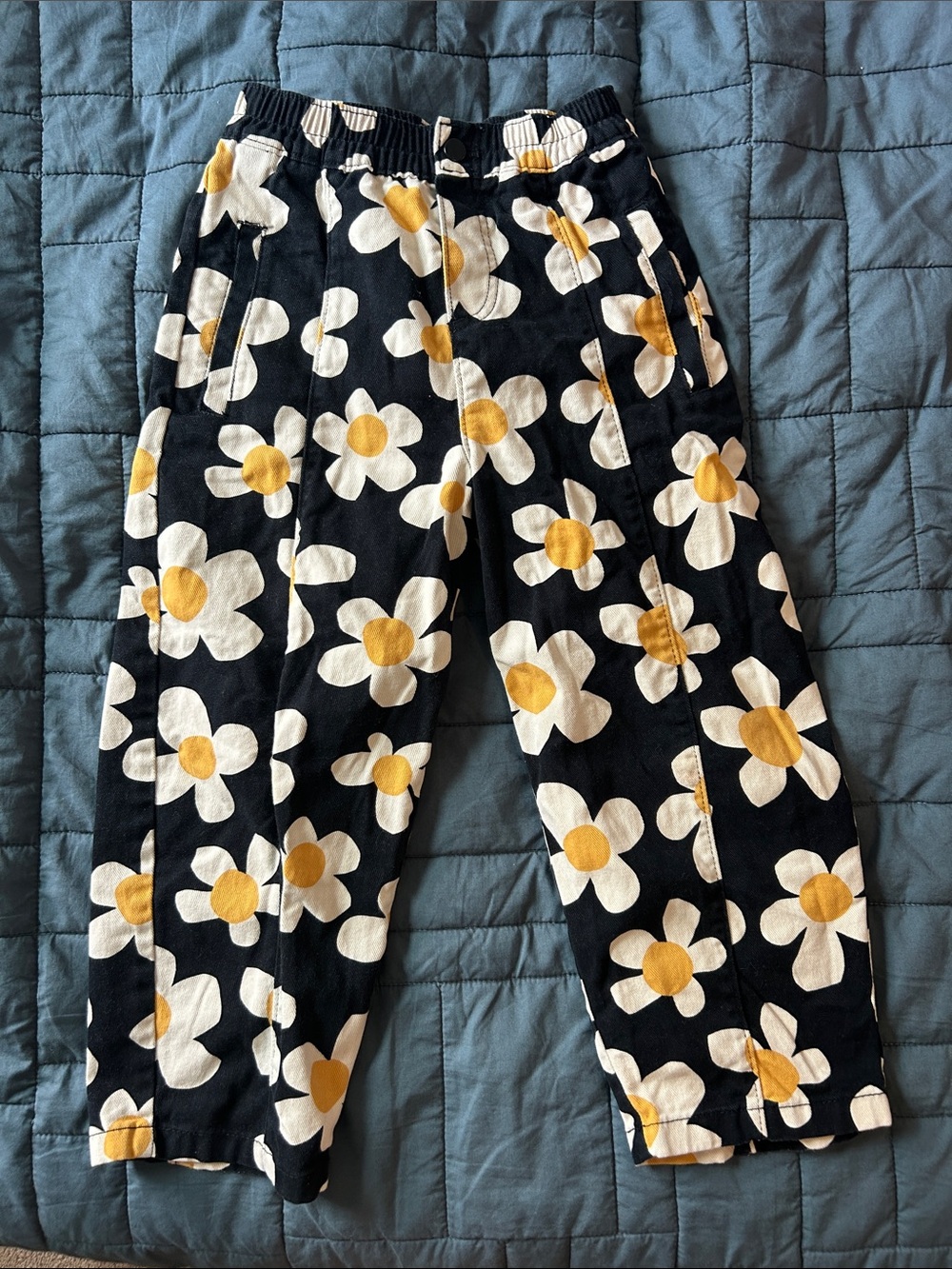 Hanna Andersson Black Denim Barrel Pants with White and Yellow Flowers